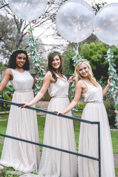 A-Line Crew Floor-Length Light Champagne Bridesmaid Dress with Beading AHC603