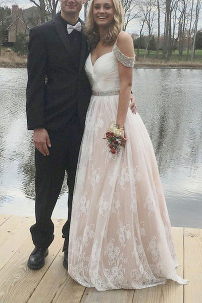 A-Line Square Sweep Train Cold Shoulder Champagne Lace Prom Dress with Beading LR94