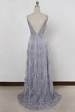 Sheath Spaghetti Straps Sweep Train Backless Grey Tulle Prom Dress with Appliques AHC669 | ballgownbridal
