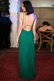 A-Line Deep V-Neck Floor-Length Green Chiffon Open Back Prom Dress LR445 | ballgownbridal