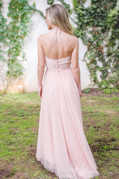 A-Line Halter Floor-Length Pink Sleeveless Tulle Bridesmaid Dress with Lace AHC644