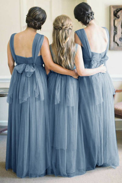 A-Line V-Neck Floor-Length Turquoise Tulle Bridesmaid Dress with Belt AHC650