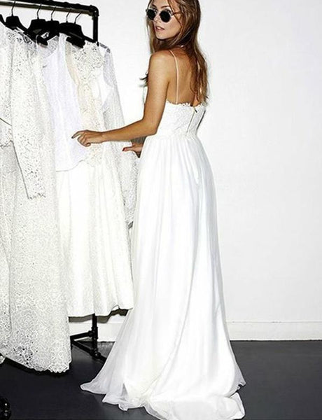 Simple Spaghetti Straps White Beach Wedding Dresses with Appliques PDA049 | ballgownbridal