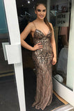 Mermaid Spaghetti Straps Sweep Train Brown Chiffon Sleeveless Prom Dress with Sequins LR142