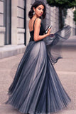 A-Line V-Neck Floor-Length Navy Blue Tulle Sleeveless Prom Dress LR252
