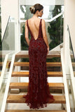 Mermaid Deep V-Neck Floor-Length Burgundy Tulle Backless Prom Dress with Beading LR198