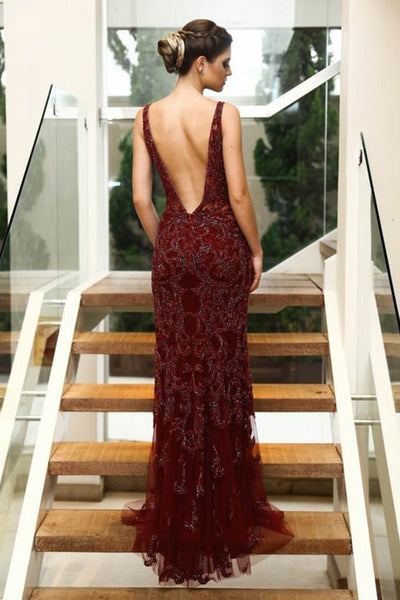 Mermaid Deep V-Neck Floor-Length Burgundy Tulle Backless Prom Dress with Beading LR198