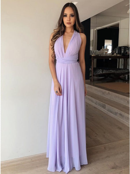 A-Line V-Neck Floor-Length Lilac Chiffon Prom Bridesmaid Dress PDA376 | ballgownbridal