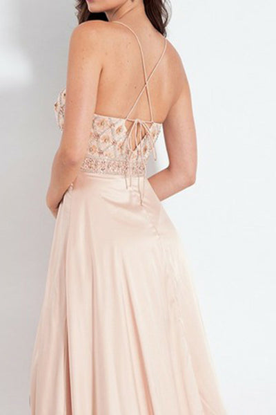 A-Line Deep V-Neck Sweep Train Champagne Criss-Cross Straps Prom Dress with Beading LR170