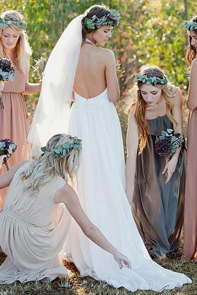 A-Line Halter Court Train White Sleeveless Chiffon Wedding Dress with Lace AHC584 | ballgownbridal