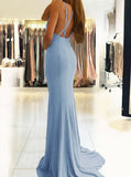 Mermaid V-Neck Backless Sweep Train Blue Prom Dress with Split PDA404 | ballgownbridal