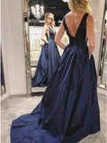 A-Line Deep V-Neck Backless Navy Blue Prom Dress with Pockets PDA318 | ballgownbridal