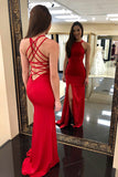 Mermaid Jewel Sweep Train Split Criss-Cross Straps Red Stretch Satin Prom Dress LR373