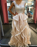 A-Line Jewel Floor-Length Champagne Tulle Prom Dress with Beading Ruffles AHC695 | ballgownbridal