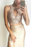 Two Piece Jewel Ankle-Length Champagne Stretch Satin Keyhole Prom Dress with Sequins LR64