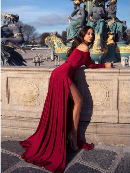 A-Line Off-the-Shoulder Long Sleeves Sweep Train Burgundy Prom Dress with Split PDA270 | ballgownbridal