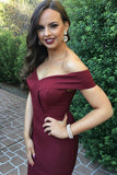 Mermaid Off-the-Shoulder Sweep Train Split Burgundy Satin Prom Dress AHC513