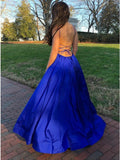 A-Line Spaghetti Straps Backless Floor-Length Royal Blue Prom Dress with Split PDA374 | ballgownbridal