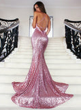 Mermaid V-Neck Sweep Train Rose Pink Sequined Prom Dress with Lace PDA462 | ballgownbridal