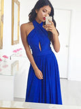 A-Line Cross Neck Backless Floor-Length Royal Blue Chiffon Prom Dress PDA474 | ballgownbridal