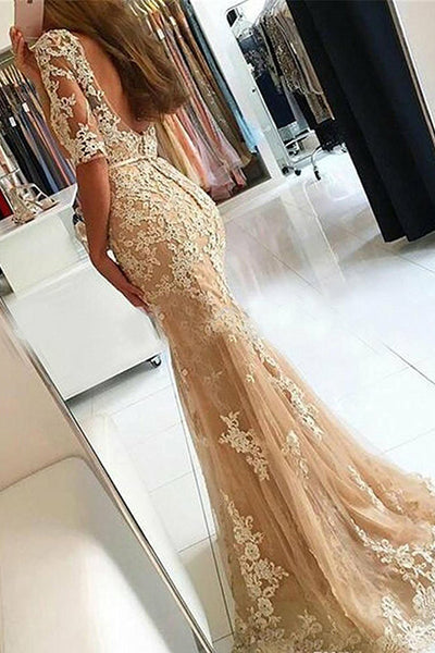 Mermaid Bateau Sweep Train Long Sleeves Champagne Tulle Prom Dress with Appliques LR433 | ballgownbridal