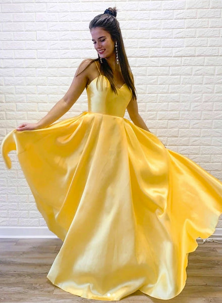 Bright Yellow Satin Dress Spaghetti Straps Long Dress PDA484