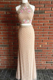 Two Piece High Neck Sweep Train Champagne Tulle Prom Dress with Beading Embroidery LR147