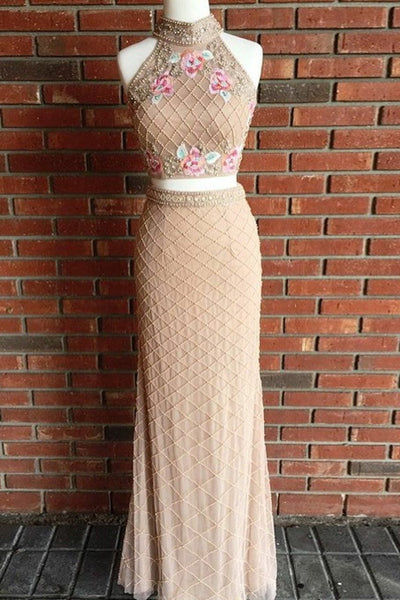 Two Piece High Neck Sweep Train Champagne Tulle Prom Dress with Beading Embroidery LR147