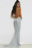 Mermaid Spaghetti Straps Sweep Train Silver Sequined Backless Sleeveless Prom Dress LR221