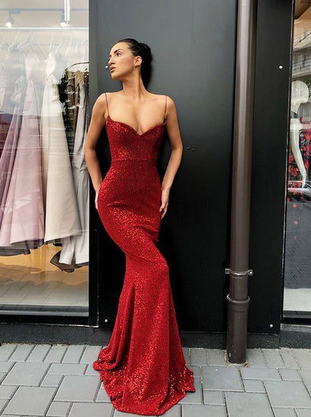 Mermaid Spaghetti Straps Prom Dress Dark Red Long Sequined Evening Dre ...