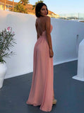 A-Line Deep V-Neck Backless Floor-Length Pink Chiffon Prom Dress with Split PDA418