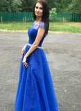 Royal Blue Tulle Cap Sleeve Long Prom Dress With Slit PDA491 | ballgownbridal