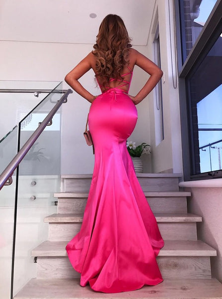 Mermaid Spaghetti Straps Lace Up Sweep Train Fuchsia Prom Dress with Split PDA532 | ballgownbridal
