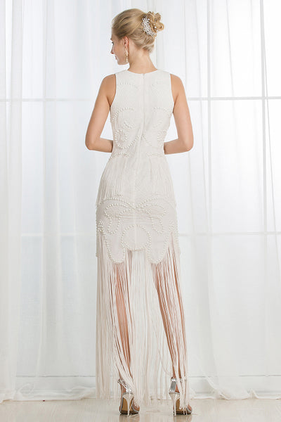 A-Line Jewel Floor-Length Ivory Satin Wedding Dress with Beading Tassel AHC579
