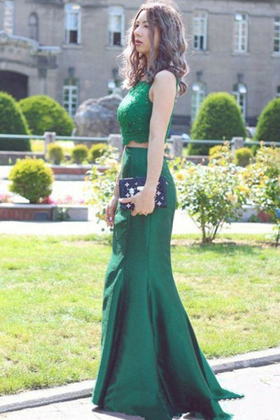 Two Piece Crew Sweep Train Green Satin Sleeveless Prom Dress with Beading Lace LR56