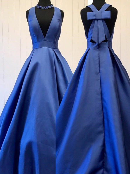 A-Line Deep V-Neck Floor-Length Royal Blue Bowknot Prom Dress PDA472 | ballgownbridal