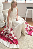 Mermaid Jewel Detachable Sweep Train White Printed Satin Prom Dress with Pockets LR66