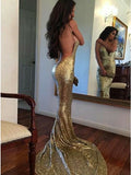 Mermaid Spaghetti Straps Backless Gold Sequined Prom Dress PDA307 | ballgownbridal