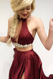 Two Piece Jewel Court Train Split Keyhole Burgundy Satin Prom Dress with Beading LR51