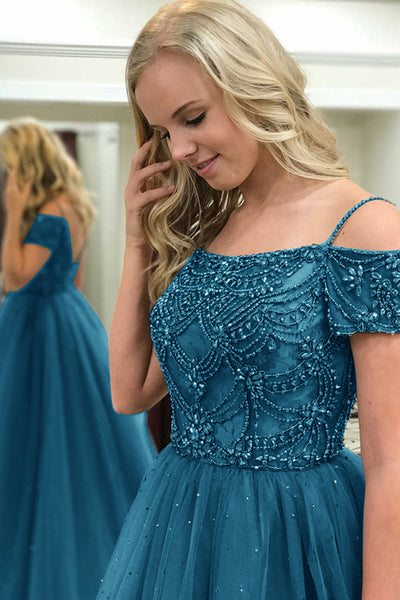Ball Gown Off-the-Shoulder Sweep Train Dark Blue Tulle Prom Dress with Beading AHC506 | ballgownbridal