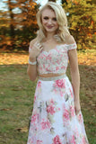 Two Piece Off-the-Shoulder White Printed Chiffon Prom Dress with Appliques Beading LR225
