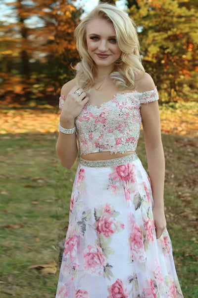 Two Piece Off-the-Shoulder White Printed Chiffon Prom Dress with Appliques Beading LR225