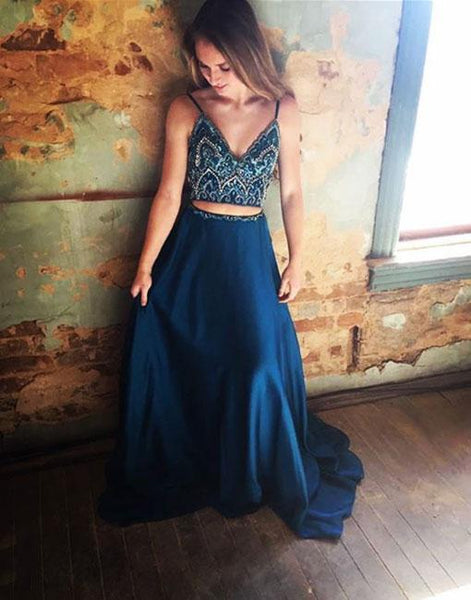 Two Pieces Prom Dresses Spaghetti Straps Beading Long Prom Dress Evening Dresses PDA432 | ballgownbridal