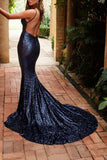 Mermaid Spaghetti Straps Backless Sweep Train Navy Blue Sequined Prom Dress PDA263 | ballgownbridal