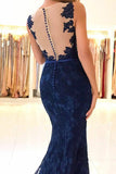 Mermaid V-Neck Sweep Train Navy Blue Lace Prom Dress with Appliques  LR251