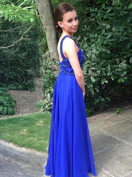 A-Line Round Neck Backless Royal Blue Chiffon Prom Dress with Beading PDA477 | ballgownbridal