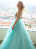 Unique Green Tulle Long Lace A Line Senior Prom Dress PDA423 | ballgownbridal