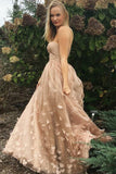 A-Line Sweetheart Sweep Train Pink Lace Prom Dress with Appliques Pockets LR263