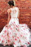 Two Piece Jewel Sweep Train Pink Printed Tulle Sleeveless Prom Dress with Appliques LR63
