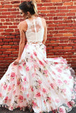 Two Piece Jewel Sweep Train Pink Printed Tulle Sleeveless Prom Dress with Appliques LR63